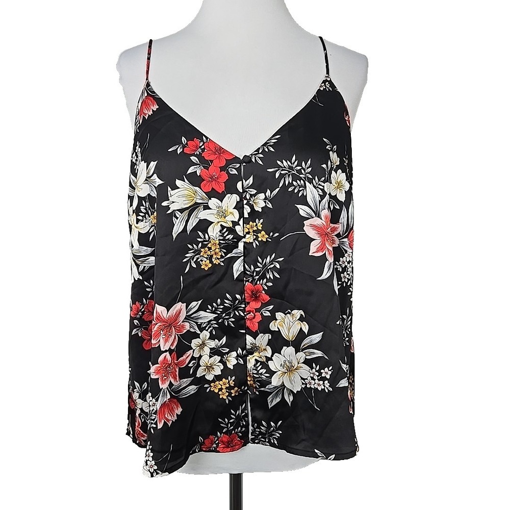 LUSH Black Floral Satin Lined Spaghetti Strap Tank Top Button Blouse Large L